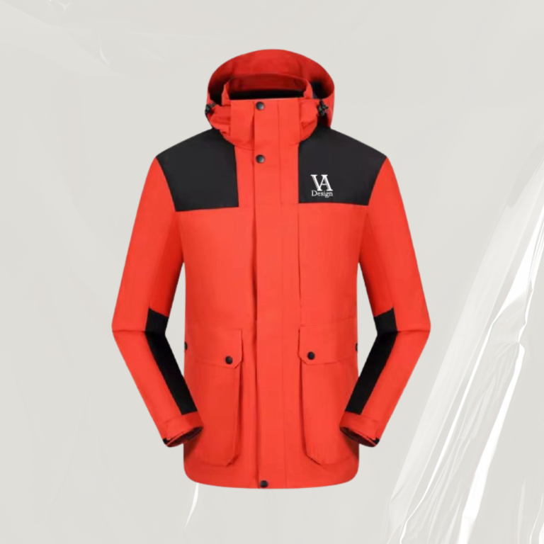 3 in 1 Jacke 2 Rote Jacke mit schwarzem Kragen und Ärmelbesätzen, zwei Taschen vorne.