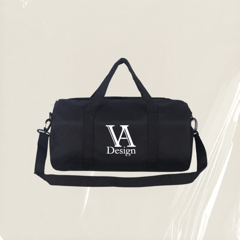 Sporttasche individuell gestalten Schwarze Sporttasche mit Tragegriffen und Logo "VA Design".
