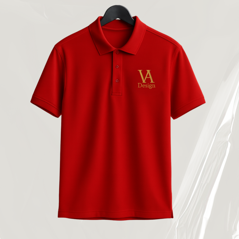 Baumwoll-Poloshirts individuell veredeln Rotes Polohemd mit goldenem Logo auf der linken Brustseite.