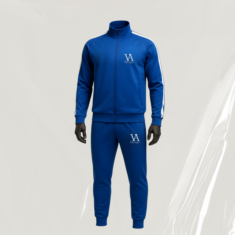 Baumwoll-Poloshirts individuell gestalten Blaues Poloshirt mit goldenem Logo "VA" auf der linken Brustseite.