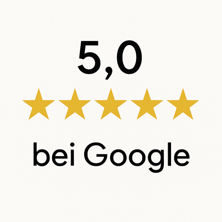 Bewertung Google Fünf goldene Sterne mit der Bewertung 5,0 bei Google.