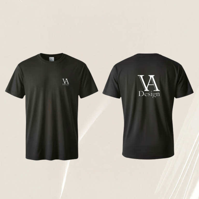 T-shirts individuell gestalten Schwarzes T-Shirt mit dem Aufdruck "VA" und "Design" auf der Rückseite.