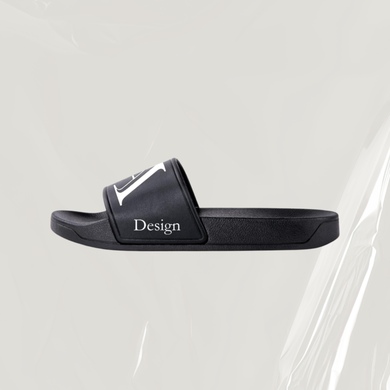 Badeschlappe mit Druck Schwarzer Flip-Flop mit weißem Schriftzug „Design“ auf dem Riemen.