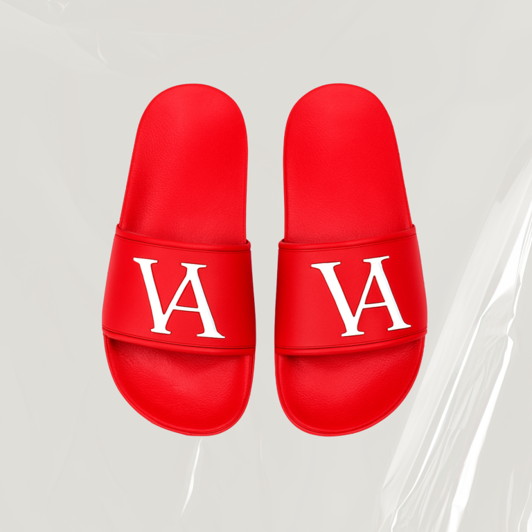 Badeschlappe gepresst Rote Badeschuhe mit weißem Logo "VA" auf der Vorderseite.