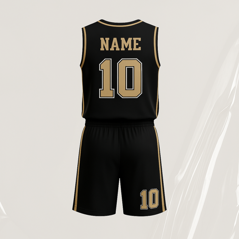Basketball-Sets Schwarzes Basketballtrikot mit goldenen Details und der Nummer 10.