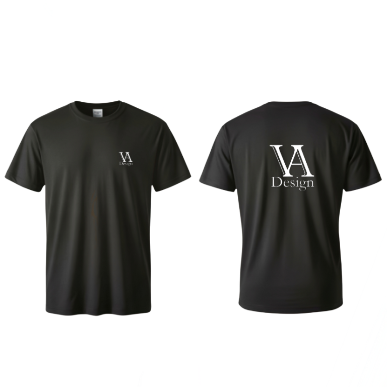 T-shirts individuell gestalten Schwarzes T-Shirt mit dem Aufdruck "VA" und "Design" auf der Rückseite.