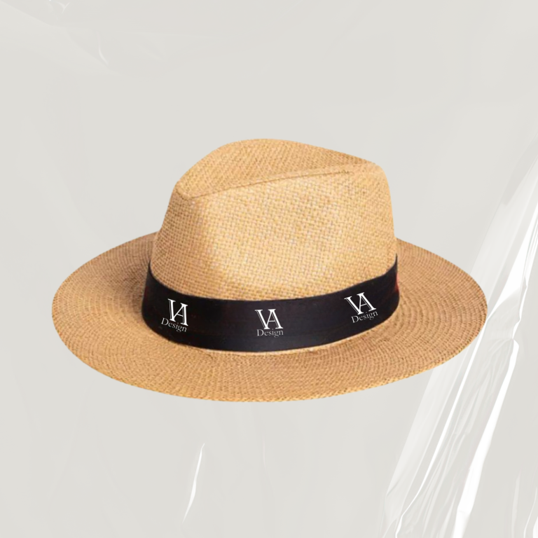 Strohhüte mit Logo Beige Hut mit breiter Krempe und schwarzem Band.