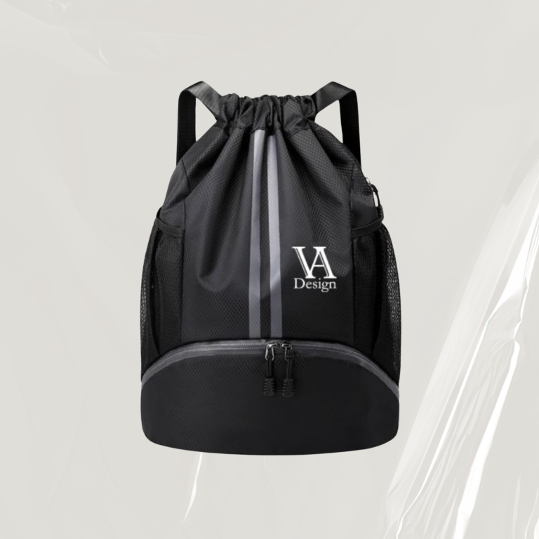 Rucksack mit Fächer Schwarzer Rucksack mit Kordelzug und Logo auf der Vorderseite.