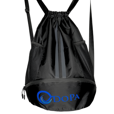 Rucksack mit Dopa-Logo – VA Design Schwarzer Rucksack mit blauen Dopa-Logo, individuell bedruckt für Vereine, Firmen und Events.